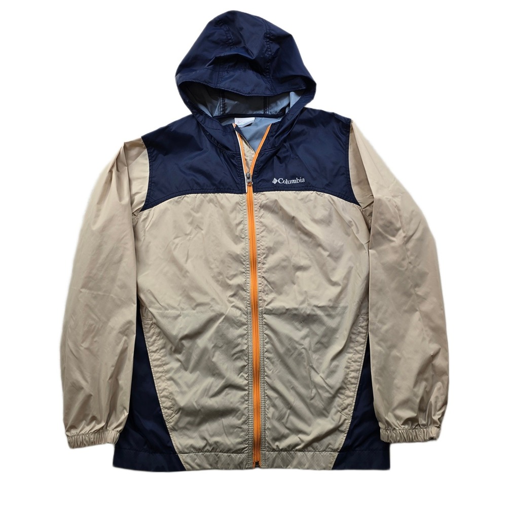 Columbia Windbreaker Jacket Kids Large 14/16 Navy Tan Nylon Hooded Rain Wind